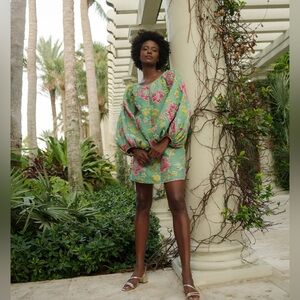 Green Floral Puff-Sleeve good luck Mini Dress Arianne elmy XSMALL